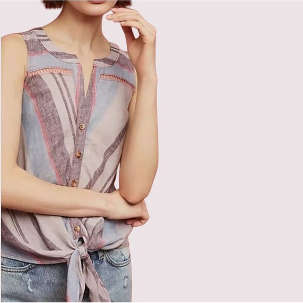 14 Maeve Anthropologie Linen Shirt Top Tie Front Blouse Striped